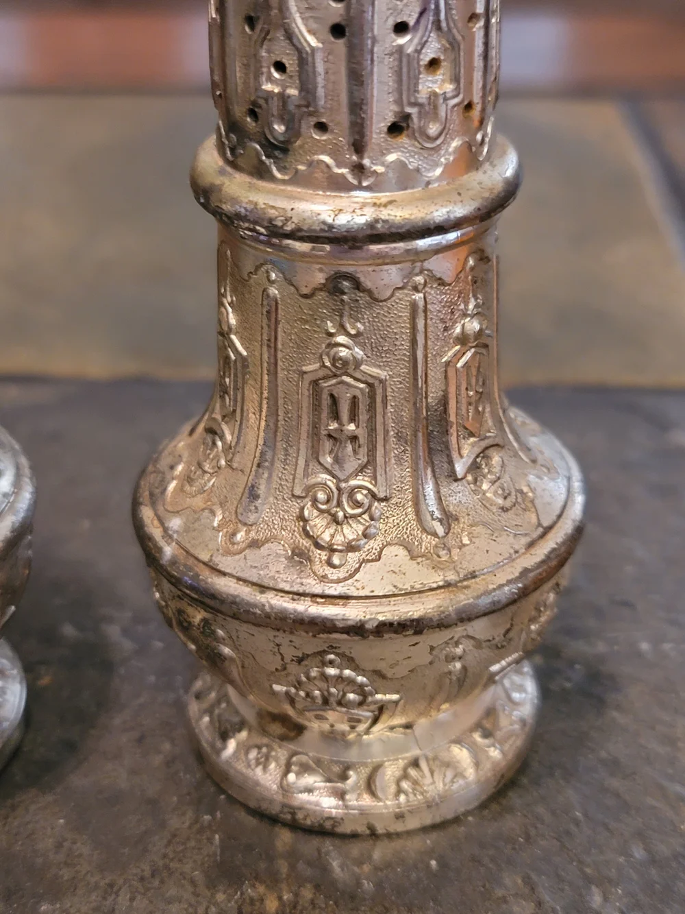 Decorative Silver-Tone Metal Salt and Pepper Shakers
